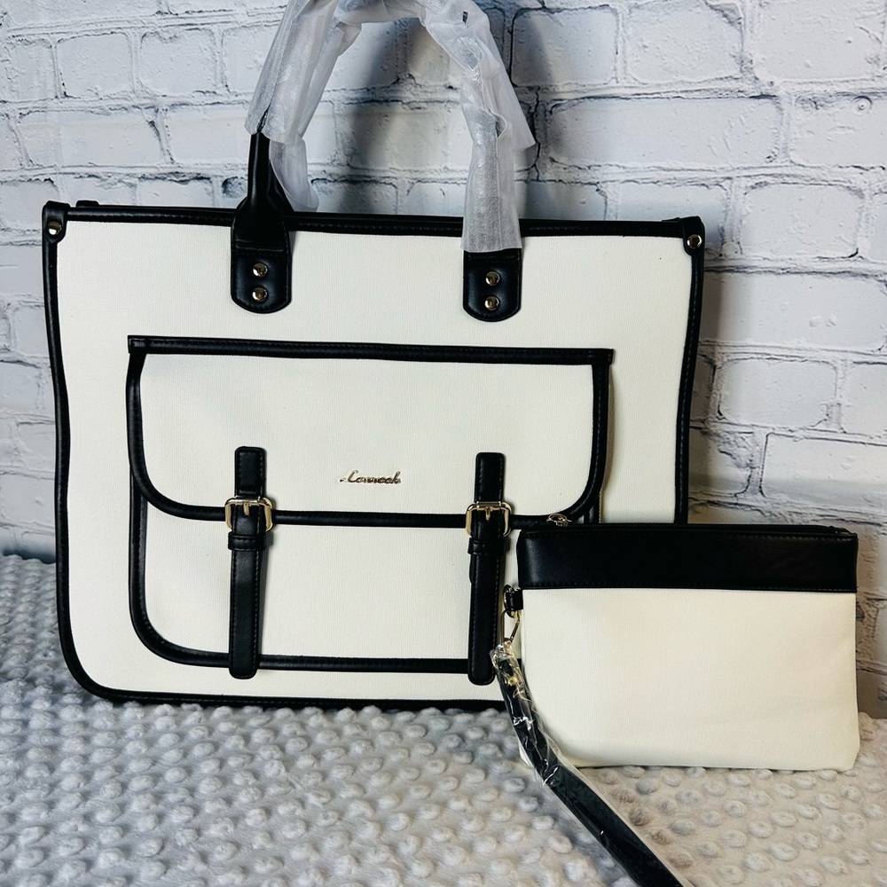 Beige and Black Laptop Bag and wristlet